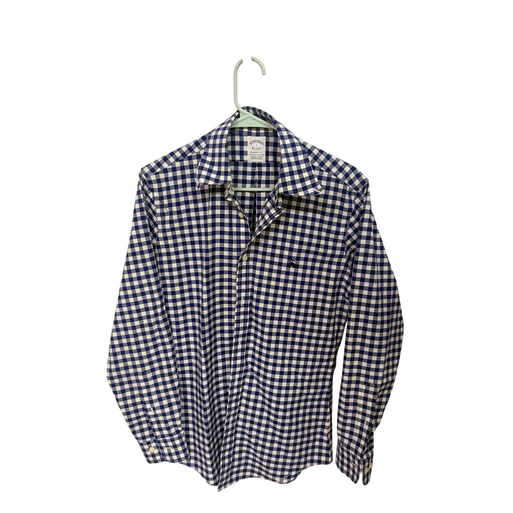 Brooks Brothers Regent Fit Gingham Shirt Mens Small Navy White Non-Iron Cotton